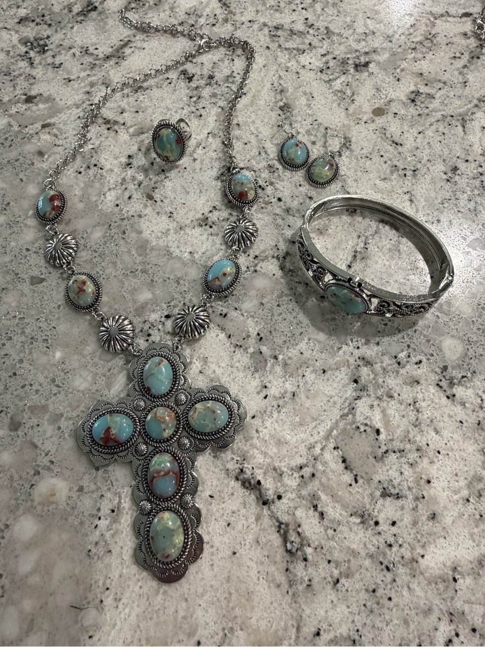 Southwestern Turquoise & Silver Cross Jewelry Set – Necklace, Bracelet, Ring